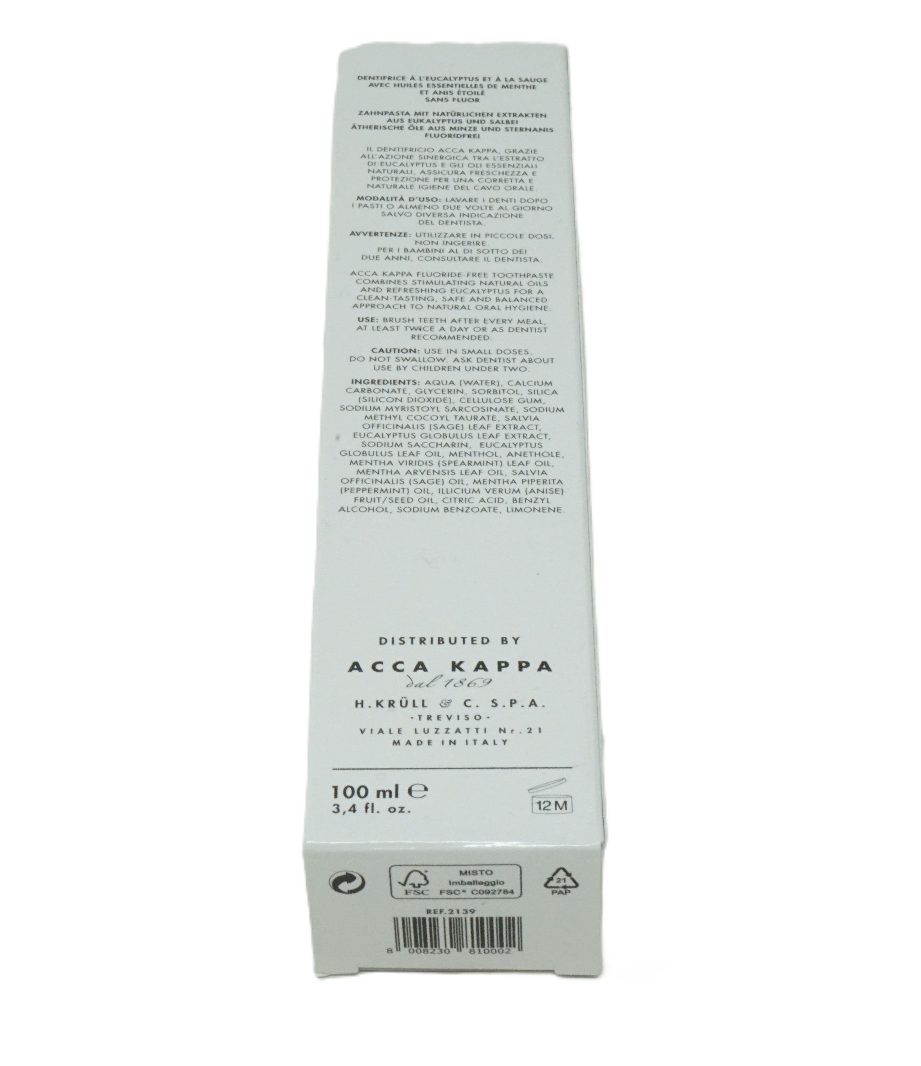 Acca Kappa Toothpaste natural origin Flouride free 100 ml