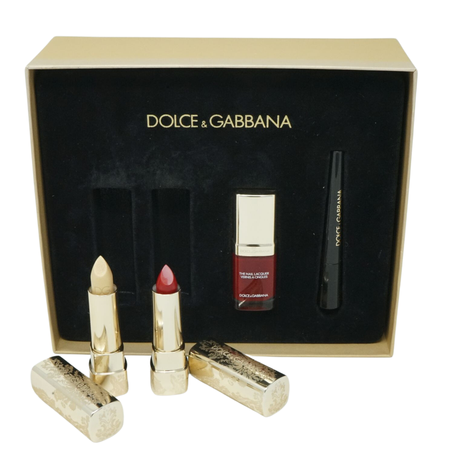 Dolce & Gabbana Makeup Lippenstift Baroque Gold 71 + Baroque Red 628 + Nagellack Red 635 + Eyeliner Baroque Bronze 8